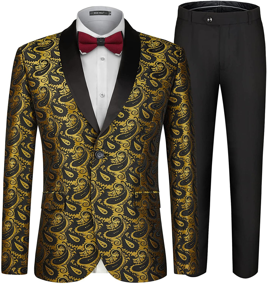 Men's Paisley Shawl Lapel Gold Single Breasted 2pc Men's Suit
