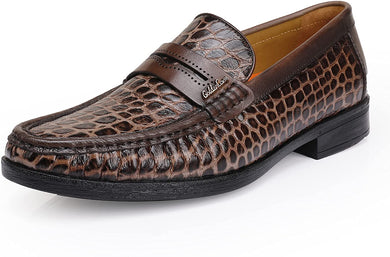 Men's Crocodile Printed Brown Leather Slip-On Penny Loafers