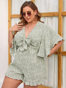 Plus Size V-Neck Ditsy Floral Wrap Tie Casual Short Rompers