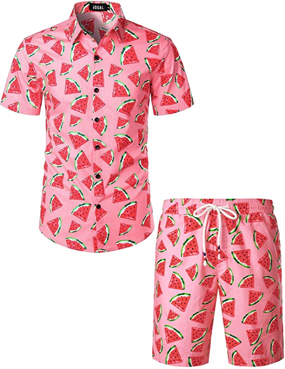 Men's Pink Short Sleeve Watermelon Printed Shirt & Shorts Set