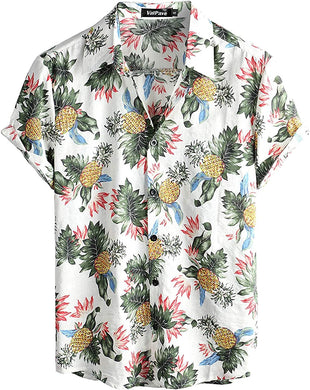 Men's White Pineapple Print Casual Short Sleeve Shirt
