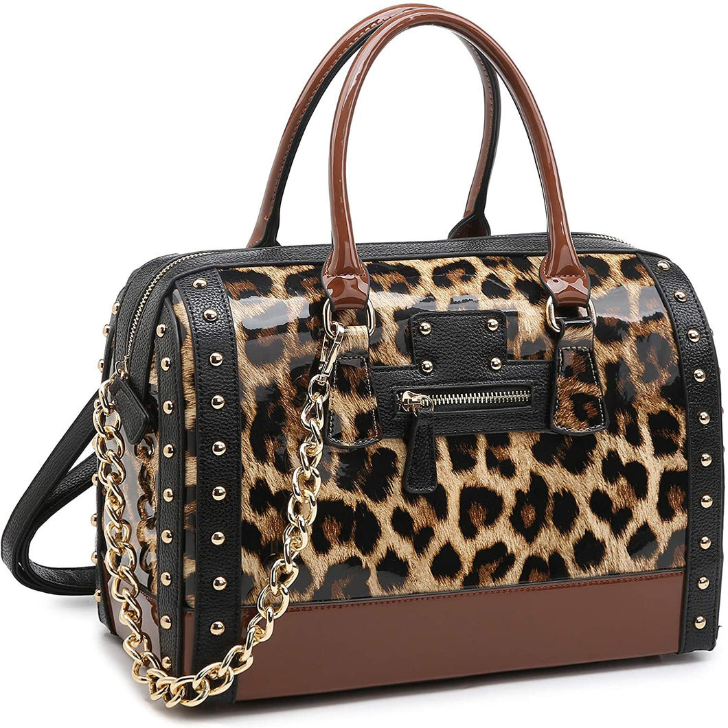 Top Handle Satchel Leopard Patent Faux Leather Handbags