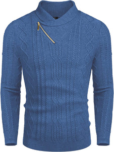 Shawl Collar Blue Pullover Cable Knitted Sweaters