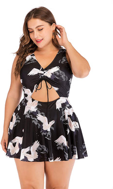 Plus Size Black Swan One Piece Cut Out Ruffle Skirt Swimsuit