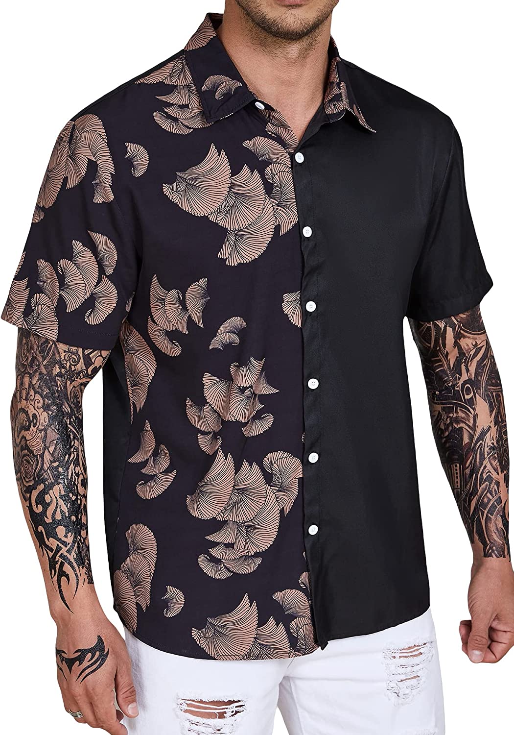 Men's Big & Tall Black Two Tone Vacation Style Short Sleeve Shirt