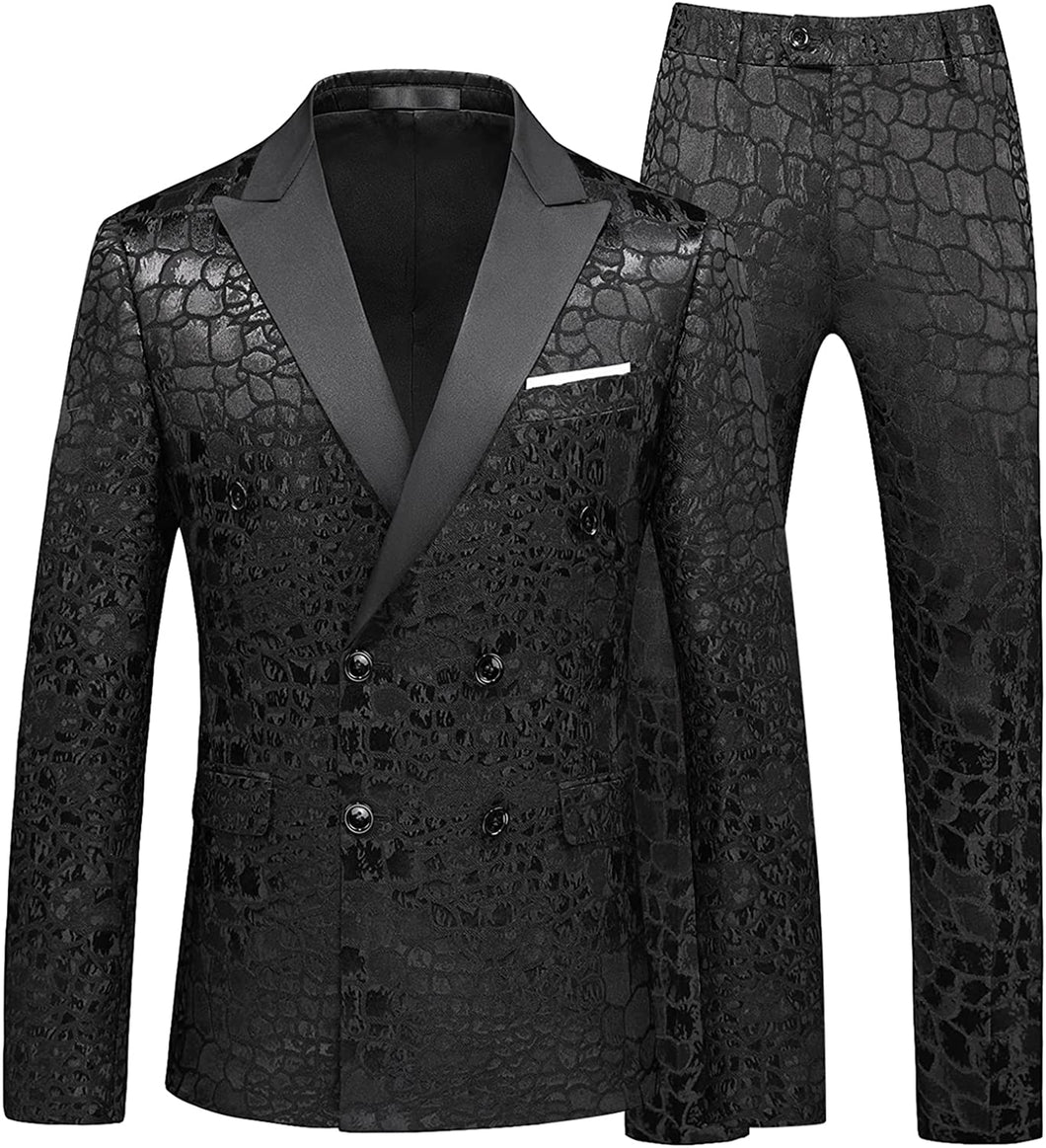Double Breasted Black Jacquard 2pc Tuxedo Men's Suit