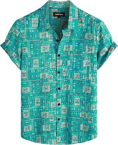 Men's Tribal Teal Multi Print Casual Short Sleeve Shirt