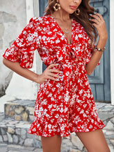 Load image into Gallery viewer, Cute Red Floral Tie Front Ruffled Shorts Romper