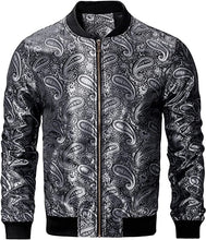 Load image into Gallery viewer, Men&#39;s Silver Casual Paisley Windbreaker Long Sleeve Bomber Jacket