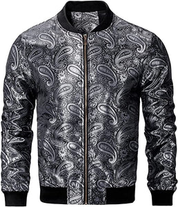 Men's Light Blue Casual Paisley Windbreaker Long Sleeve Bomber Jacket