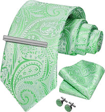 Load image into Gallery viewer, Men&#39;s Paisley Green Formal Cufflink Tie Clip Set