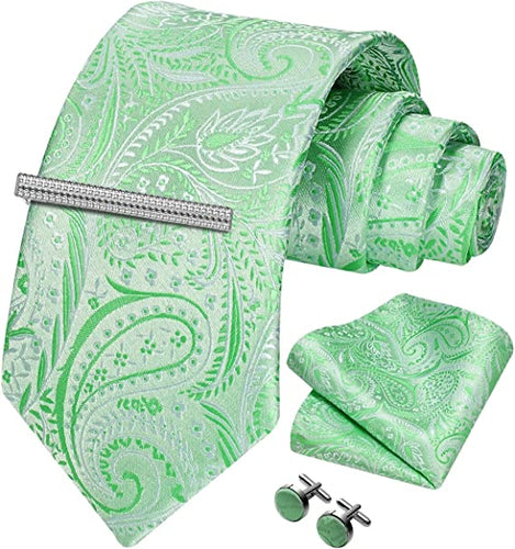 Men's Paisley Green Formal Cufflink Tie Clip Set