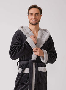 Men's Black Hooded Long Sleeve Plush Velvet Robe