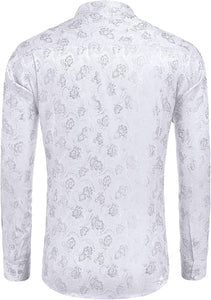 Stylish Paisley White Jacquard Silk Long Sleeve Men's Shirt