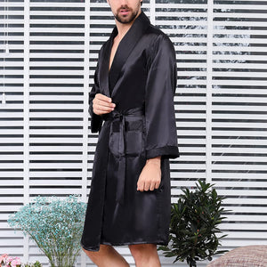 Men's Black Satin Silk Long Sleeve Robe