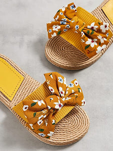 Summer Yellow Printed Brown Braided Sandals