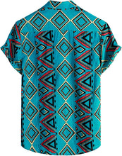 Load image into Gallery viewer, Men&#39;s Turquoise Blue Diamond Print Casual Short Sleeve Shirt