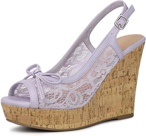 Purple Lace Platform Wedge Heel Sandals