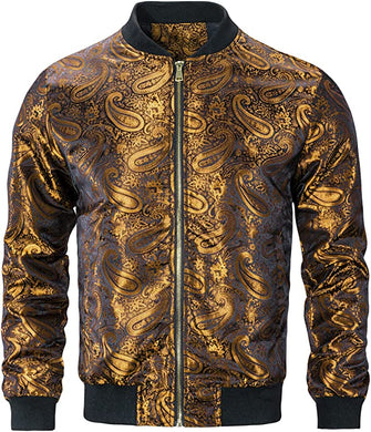 Men's Gold Casual Paisley Windbreaker Long Sleeve Bomber Jacket