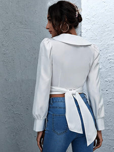 Zoe White Twist Front Tie Back Long Sleeve Crop Top