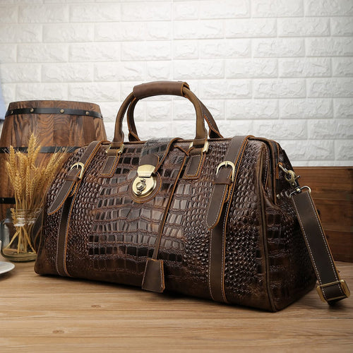 Crocodile Pattern Brown Cowhide Leather Weekender Duffel Bag