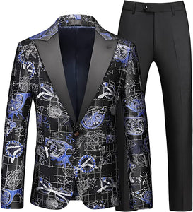 Men's Black/Red Abstract Print Long Sleeve Blazer & Pants Slim Fit 2pc Suit