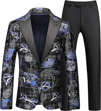Load image into Gallery viewer, Men&#39;s Black/Blue Abstract Print Long Sleeve Blazer &amp; Pants Slim Fit 2pc Suit