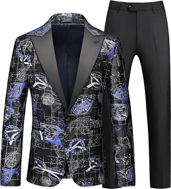 Men's Black/Blue Abstract Print Long Sleeve Blazer & Pants Slim Fit 2pc Suit