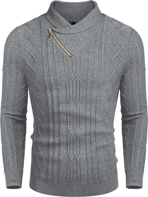 Shawl Collar Light Grey Pullover Cable Knitted Sweaters