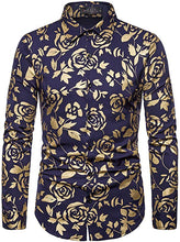 Load image into Gallery viewer, Men&#39;s Navy &amp; Gold Rose Printed Long Sleeve Collared Button Down Shirt