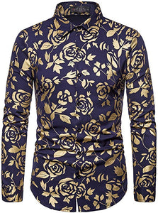 Men's Navy & Gold Rose Printed Long Sleeve Collared Button Down Shirt