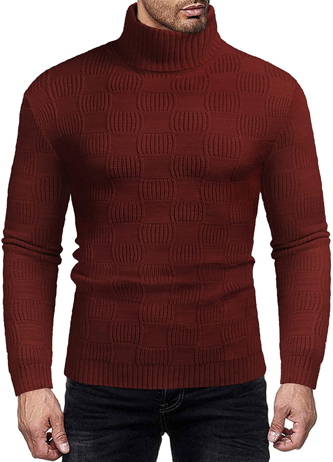 Thermal Ribbed Wine Red Pullover Turtleneck Knitted Sweater