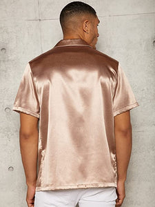 Men's Rose Gold Satin Button Up Short Sleeve Shirt