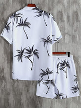 Load image into Gallery viewer, Men&#39;s White Palm Tree Print Drawstring Casual Short Sleeve Shorts Set