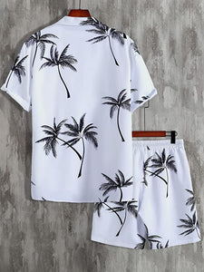 Men's White Palm Tree Print Drawstring Casual Short Sleeve Shorts Set