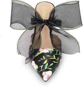 Chiffon Bow Black Floral Pointed Toe Heels