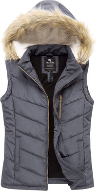 Women's Gray Quilted Hooded Warm Puffer Winter Vest