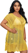 Load image into Gallery viewer, Crochet Mustard Short Sleeve Plus Size Swimwear Cover Ups