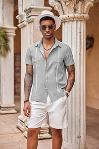 Men's Grey Button Front Cuban Linen Short Sleeve Shirt