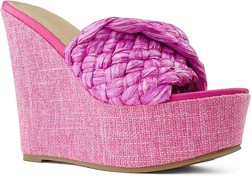 Braided Pink Open Toe Wedge Sandals