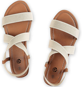 Cross Strap Beige Non Slip Flat Elastic Sandals