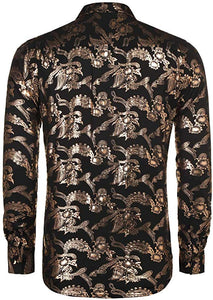 Men's Shiny Gold Paisley Long Sleeve Collared Button Down Shirt