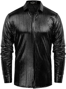 Men's Metallic Black Long Sleeve Button Up Dress Shirt