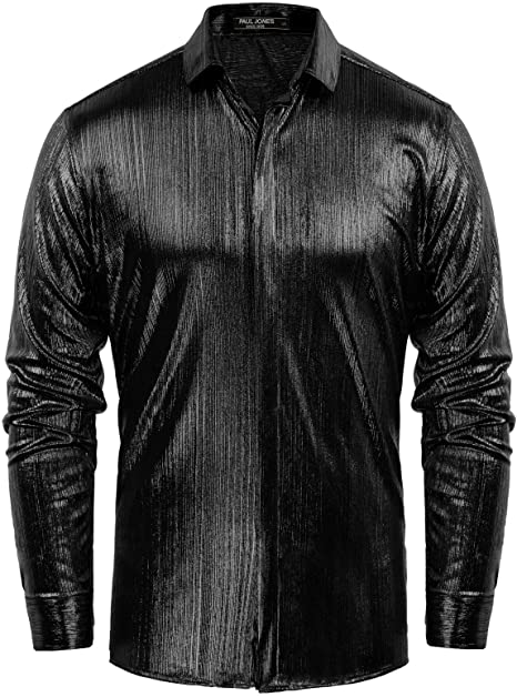 Men's Metallic Black Long Sleeve Button Up Dress Shirt