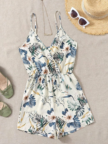 Plus Size White Floral Summer Boho V-Neck Cami Rompers