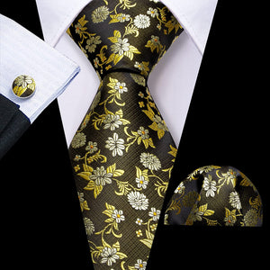 Men's Green Leaves Paisley Print Silk Tie Set w/Handkerchief & Cufflinks