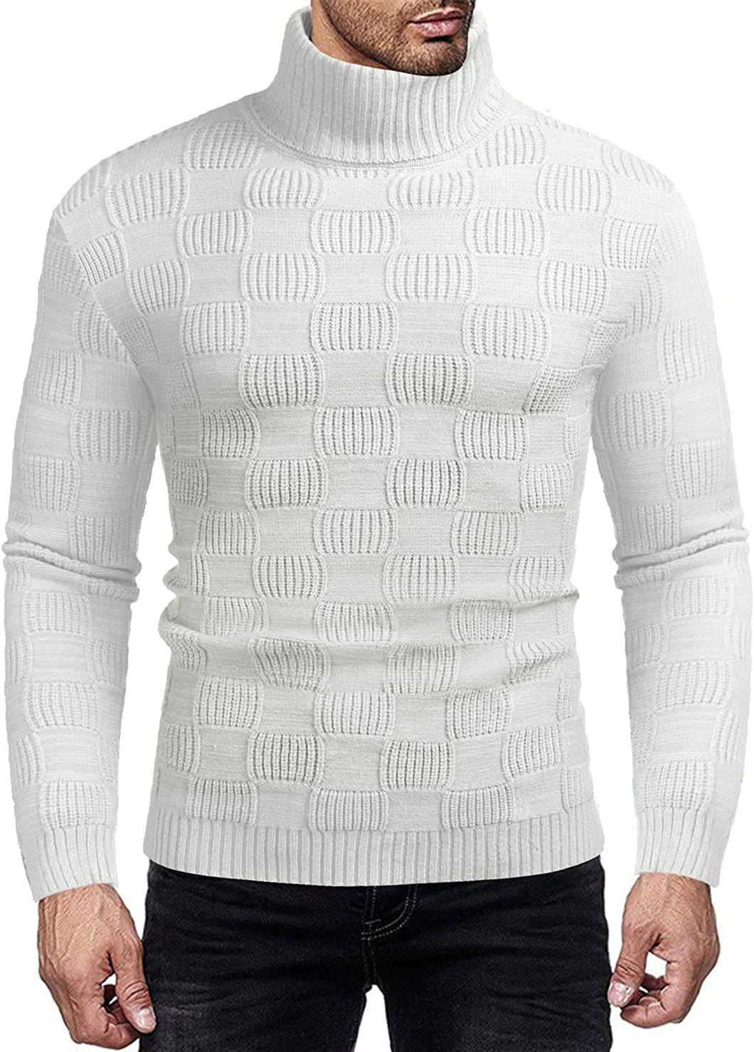 Thermal Ribbed White Pullover Turtleneck Knitted Sweater