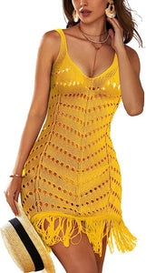 Crochet Chic Sleeveless Yellow Tassel Fringe Coverup Dress