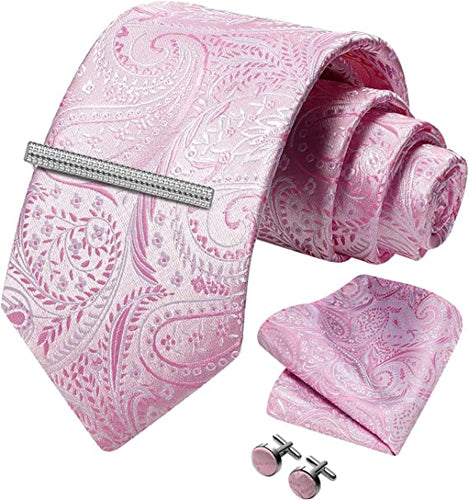 Men's Paisley Light Pink Formal Cufflink Tie Clip Set