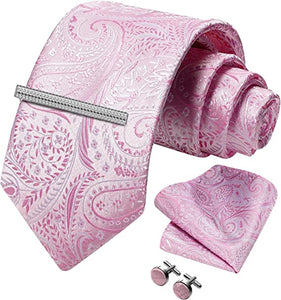 Men's Paisley Pink Formal Cufflink Tie Clip Set